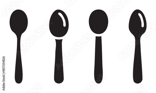 Four black spoons kitchen utensils set as minimalist silhouette icons for culinary design, cooking, and various food-related projects and branding.