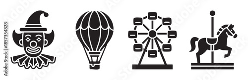 Carnival fair amusement park elements collection features classic attractions like a cheerful clown, a hot air balloon, a Ferris wheel, and a carousel horse.