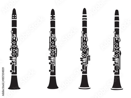 Clarinet musical instruments are depicted in a set of four elegant black graphic silhouettes, showcasing their classic design and intricate keywork.