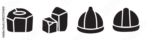 Abstract geometric industrial construction icons are presented as a set of four distinct black and white vector illustrations, showcasing various structural and protective forms.