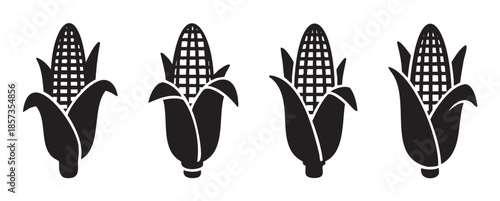 Corn on the cob graphic illustration featuring multiple black silhouettes of partially husked ears, showcasing the grid pattern of kernels, perfect for agricultural and food-related designs.