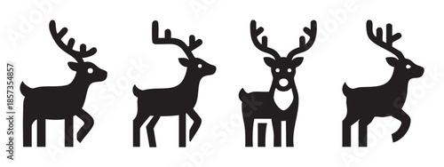 Four stylized black deer silhouettes with prominent antlers are depicted in a simple, iconic vector illustration, perfect for holiday designs and winter themes.