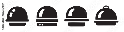 Four minimalist covered food dishes vector icons illustrating elegant dining service, restaurant presentation, and gourmet meal delivery.