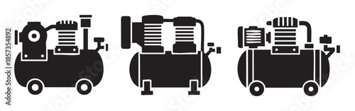 Air compressor icons set industrial equipment for workshop and construction work, illustrating various designs of powerful pneumatic tools used in garages and factories.