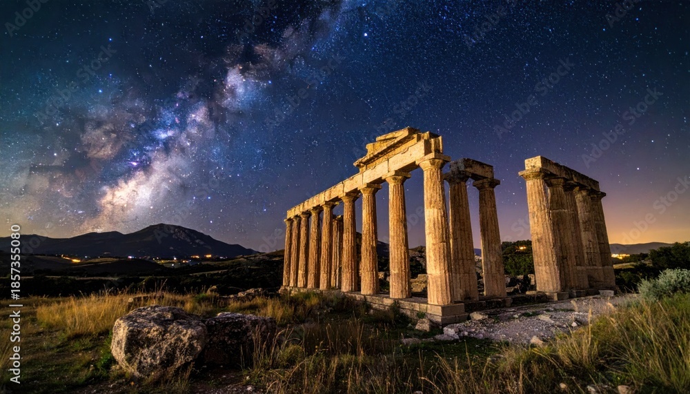 Obraz premium Ancient Temple of Poseidon under the Milky Ways starry sky.
