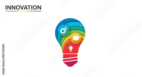 Creative light bulb with gears, speech bubble and light symbol, concept of innovation