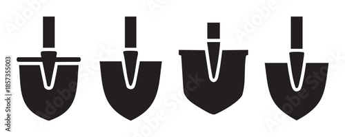 Four black silhouettes of various garden shovels and digging spades are neatly arranged in a row, representing essential tools for gardening and construction work.