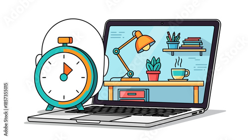 Desk Workspace with Laptop Clock and Desk Accessories.