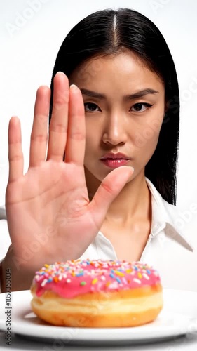 Asian Woman Gesturing Stop to Donut, Concept of Diet and Nutrition
