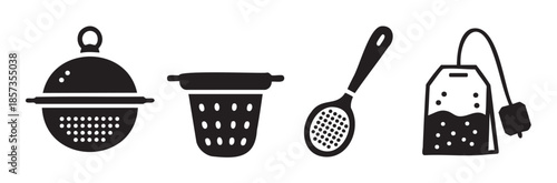 Tea infusers, tea strainer, and tea bag icons represent various methods for brewing hot beverages in a simple black and white graphic design.