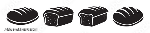 Bread icons set featuring various types of baked goods, including round loaves and sliced sandwich bread, presented in a minimalist black silhouette style.