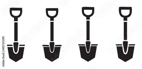 Four black silhouette shovel icons with D-handles, commonly used for gardening, construction, and various digging tasks, presented as a versatile set.