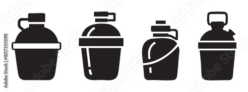 Four different canteen and flask beverage container icons showcasing various designs for hydration, travel, and outdoor activities in a simple graphic style.