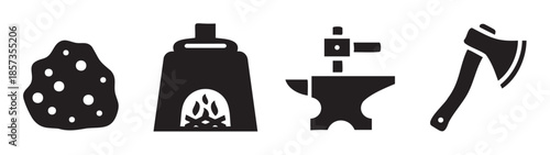 Blacksmithing tools and elements are essential for metalworking crafts, representing traditional workmanship and the process of shaping raw materials with fire and force.