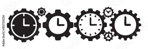 Black and white gears with clock faces and smaller cogs illustrate the complex interplay of time, productivity, and mechanical systems.