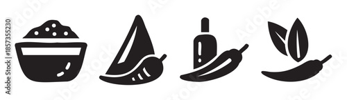 Chili pepper spice and hot sauce icons illustrating various culinary applications of spicy ingredients for cooking, flavoring, and food preparation.