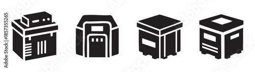 Servers and computer towers collection of black isometric icons representing various data center equipment, network devices, and computing hardware for technology concepts.