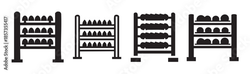 Four different storage racks are presented as black silhouettes, showcasing various items like footwear and bottles arranged on multiple shelves.