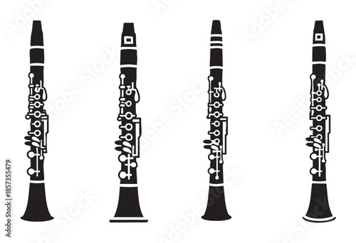 Four black clarinet musical instruments are depicted in a simple graphic style, showcasing various designs of the classic woodwind instrument.