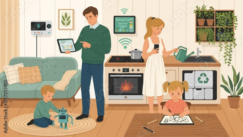 Happy Family Enjoying Modern Home Together.