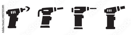 Four different blow torches and heat guns are depicted in a collection of black silhouette icons, representing various industrial and craft tools.