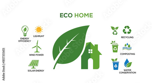 Eco Home Concept: Sustainable Living with Renewable Energy and Recycling Icons