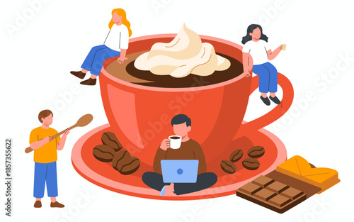 A whimsical depiction of a large coffee cup surrounded by playful elements like coffee beans and people engaged with their drinks, celebrating coffee culture.