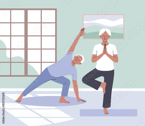 This calm image features two elderly individuals engaged in yoga poses, emphasizing health, fitness, and mindfulness in their golden years.