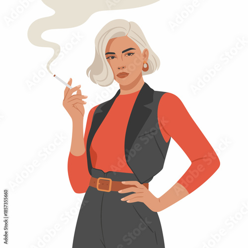 A confident woman, dressed stylishly, holds a cigarette with smoke wafting around her, representing a bold personality and a sense of individuality in fashion and presence.