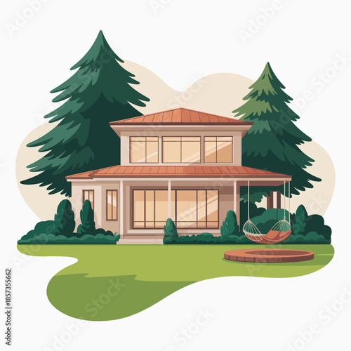 This illustration showcases a contemporary home surrounded by elegant landscaping, featuring a cozy porch and a hanging seat, ideal for relaxing outdoors.