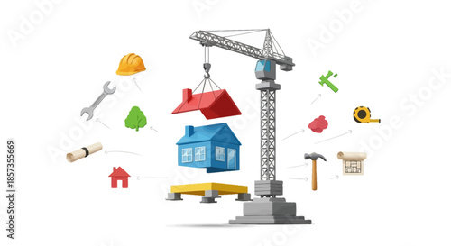 Construction crane assembling a house, with blueprints and tools, concept of building a home.