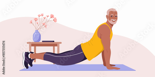 An older man performs push-ups on a yoga mat, showcasing strength and determination while surrounded by a simple, elegant interior full of life and positivity.