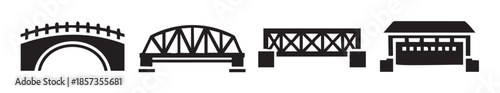 Various bridge icons representing different architectural styles and engineering designs, showcasing diverse structures for transportation and connectivity in a simple, illustrative vector format.