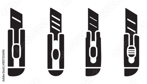 Four utility knife icons representing various cutting tools for crafting, office work, industrial applications, and DIY projects, essential for precision tasks.