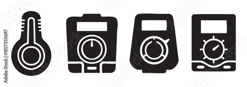 Various measuring instruments and control devices are depicted in a set of minimalist black and white icons, representing scientific and engineering tools.