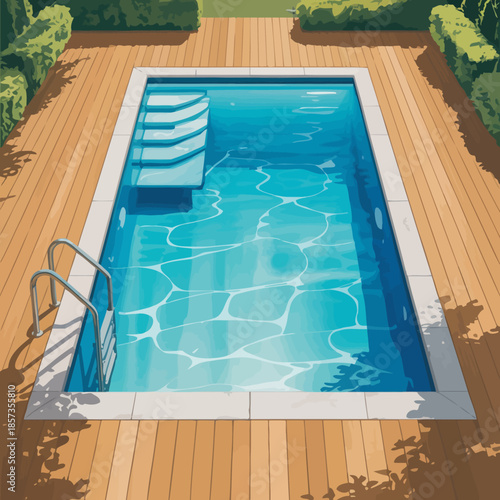 This image showcases a tranquil swimming pool surrounded by lush greenery and wooden decking, reflecting a serene and inviting atmosphere ideal for relaxation.