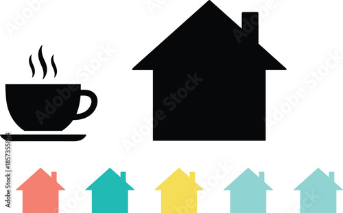 Minimalist Home and Coffee Cup Icon Set Featuring Black Silhouette House and Steaming Mug with Colorful House Variations for Real Estate and Cafe Design