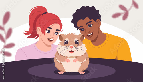 An adorable illustration of two kids excitedly observing a cute hamster, capturing the joy and delight of pet ownership and companionship in a playful setting.