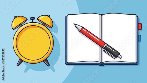 Bright Morning Alarm Clock and Notebook with Pencil Ready for Writing.