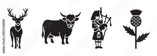 Deer, cow, bagpiper, and thistle are iconic Scottish symbols presented as simple black silhouettes, representing the rich culture and wildlife of the region.