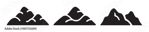 Three stylized mountain icons with snow caps representing nature, adventure, and outdoor exploration in a minimalist vector design.