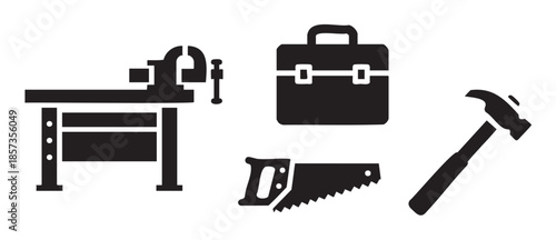 Essential construction and carpentry tools, including a workbench, vise, briefcase, saw, and hammer, are depicted as simple black silhouette icons for various uses.