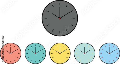 Colorful Wall Clock Icon Set Featuring Gray Pink Teal Yellow Light Blue and Royal Blue Time Management Symbols for Interface Design