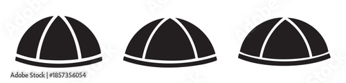 Three black medieval helmet icons with segmented design are arranged horizontally, representing protection and historical headwear in a simple graphic style.