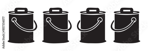 Four black paint cans with handles are neatly arranged in a horizontal row, depicted as a simple and modern vector icon illustration.