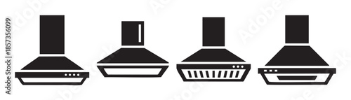 Four different kitchen range hoods are presented as black silhouette icons, showcasing various modern designs for home appliance concepts.
