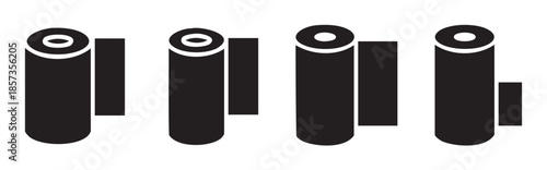 Abstract cylindrical roll shapes with attached rectangular tabs are arranged in a horizontal row, creating a minimalist and modern graphic design element.