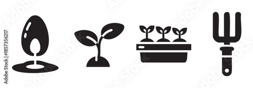 Gardening and planting icons illustrating the process of growth from a seed to a young seedling, accompanied by a practical garden tool.