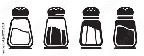 Four stylized salt and pepper shakers in a clean, minimalist black and white icon set, perfect for culinary and kitchen-related design projects.