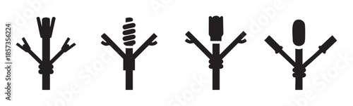 Four unique abstract symbols showcasing the iconic rock and roll hand gesture within stylized vertical designs, representing music culture and rebellion.